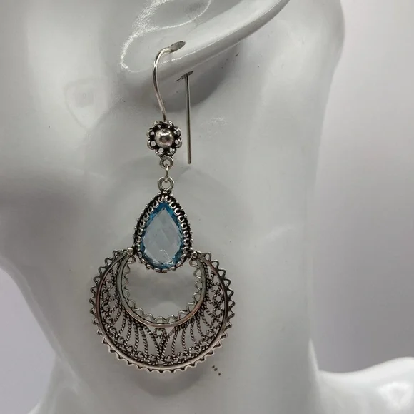 Hand Crafted Sterling Silver Blue Topaz Gemstone Earrings Pierced - Picture 10 of 12